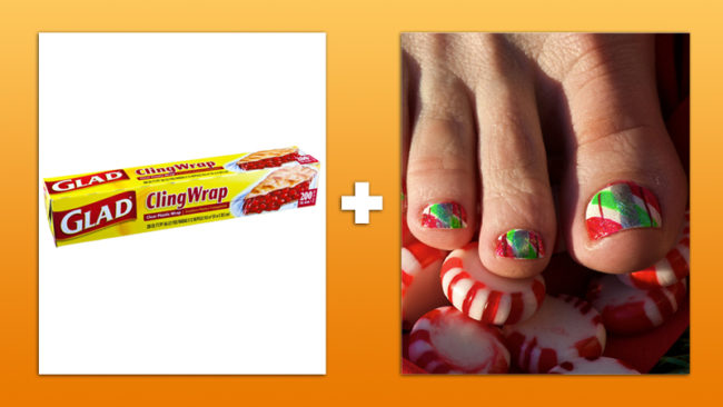 Get a marbled look when you use plastic wrap to dab painted nails with a different polish.