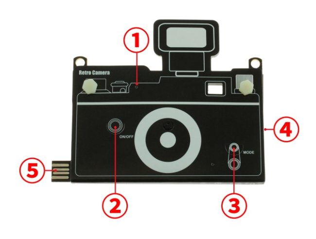 Minuscule camera parts are stuffed between retro-style paper components. Each device comes with an LED light that indicates battery life and a microSD card that holds 16 GB of data.