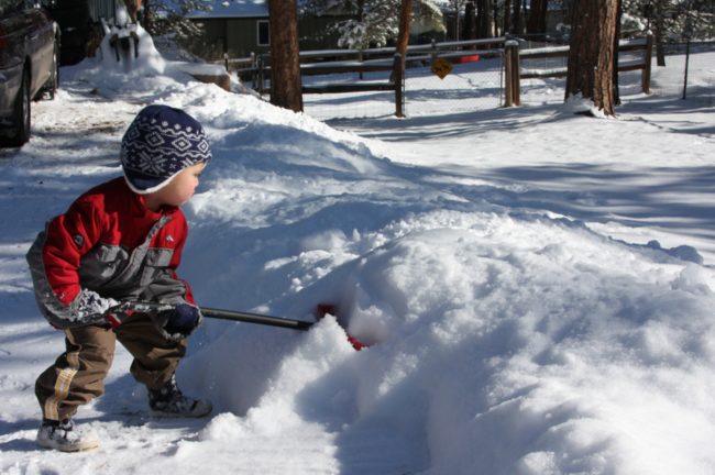 Apply cooking spray to your shovel so that snow doesn't stick to it.
