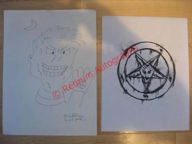 This is a crude drawing of a kid flashing a pentagram drawn on his palm. Ramirez often did the same thing during his trial.