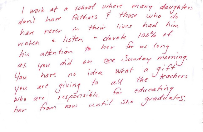 After a few hours, Rosenman walked up to the counter to grab his son a treat before they went home. When he returned to the table, his daughter let him know that a woman left him a note. Here's what it said: