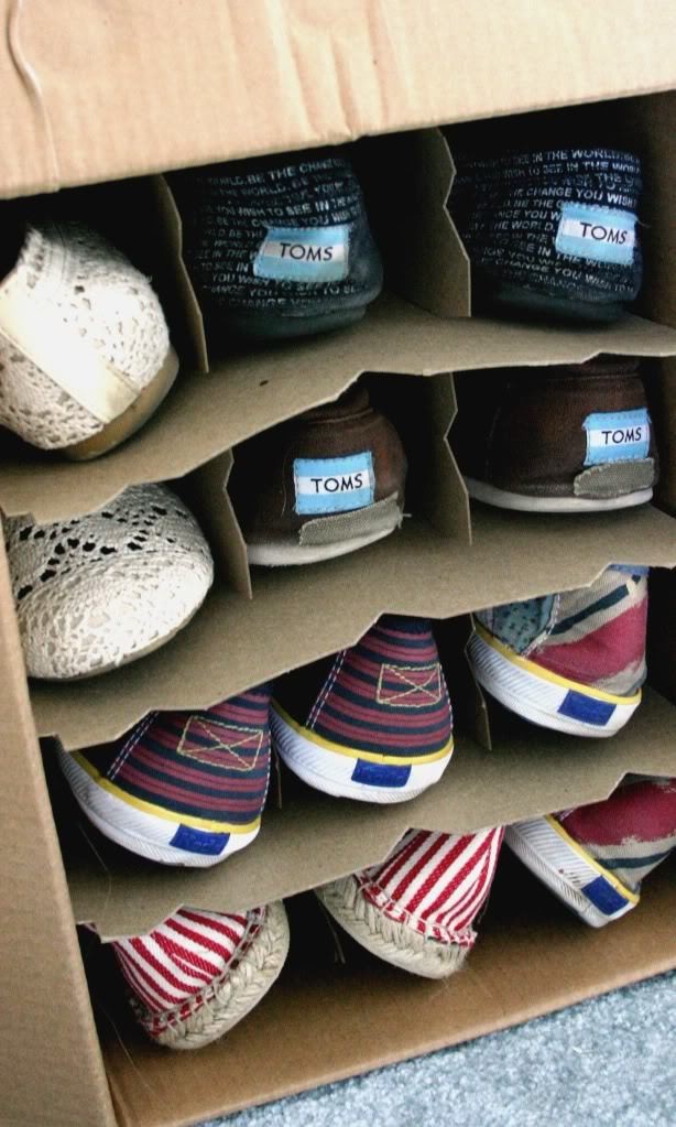 Old wine boxes are great shoe storage receptacles.