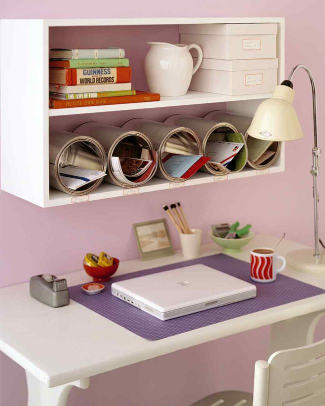 Coffee cans help organize a <a href="http://www.marthastewart.com/272668/paint-can-cubbies" target="_blank">small office space</a>.