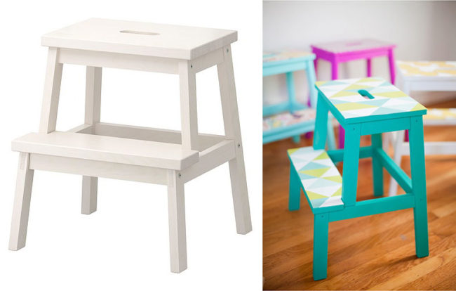 Make this <a href="http://www.ikea.com/us/en/catalog/products/40178888/" target="_blank">step stool</a> into a cute <a href="http://www.thislittlestreet.com/blog/2014/05/13/diy-wallpaper-stools/" target="_blank">side table</a> or a statement piece in your child's bedroom.