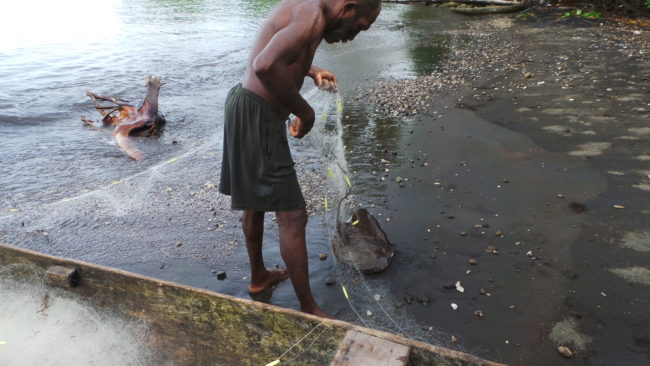 Her family catches fish with a simple net so that they have fresh food for dinner every night.