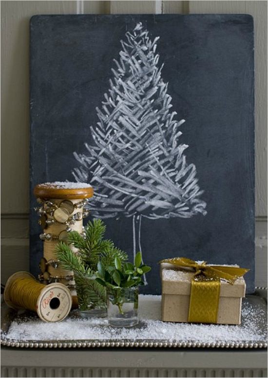 This simple <a href="http://guide.weddingchicks.com/17-alternative-christmas-trees/" target="_blank">chalkboard tree</a> is elegant, and you can give it a different look every day!