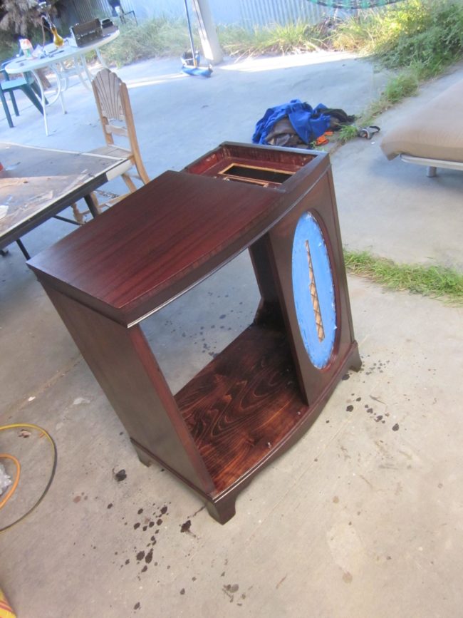 Later, he applied a coat of stain and several coats of polyurethane varnish.