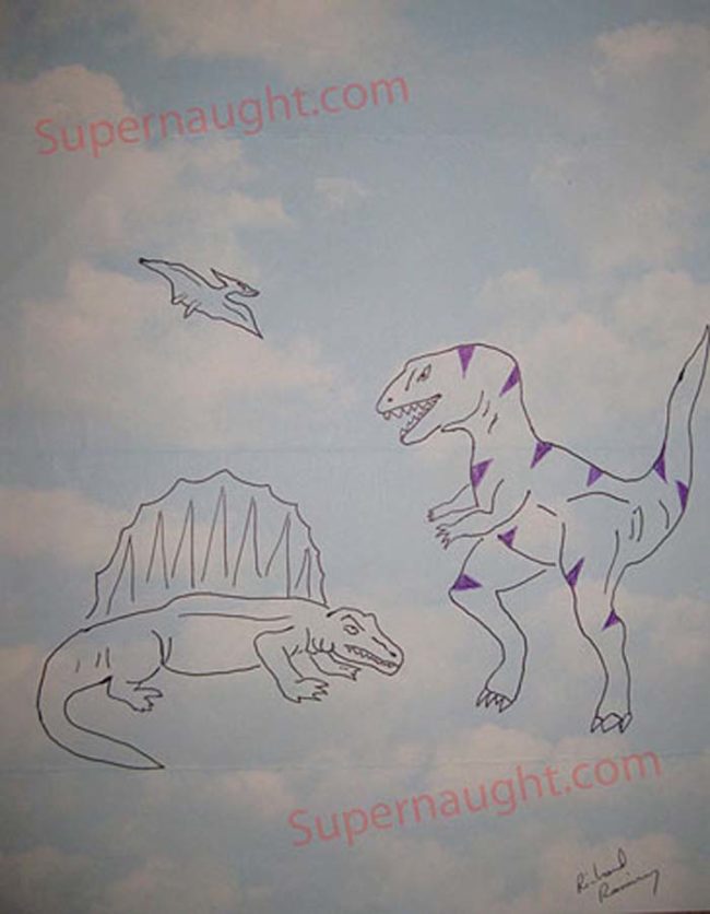 Here we have more childishly drawn dinosaurs by a psychopath.