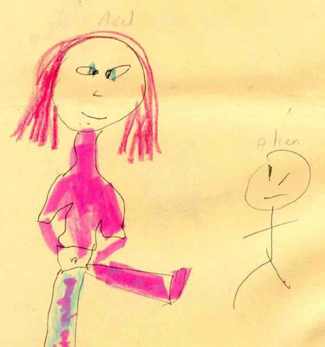 A self-portrait of one little girl with her alien friend.