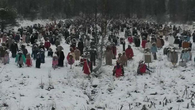 Each of the figures is made of wood and topped with a head made of peat moss. They each get a new set of clothes twice a year.