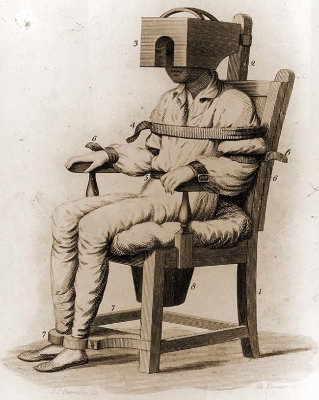 This is an 1810 drawing of something called a "tranquilizing chair."