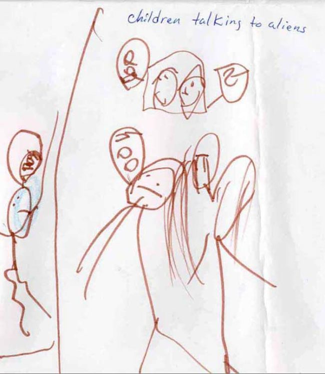 Here is a simple illustration of several children speaking with a few aliens.