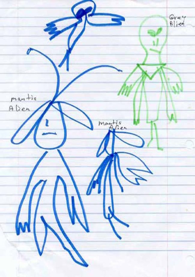 Some children report encountering different species of aliens. Here is a "grey" alien along with "mantis" aliens.
