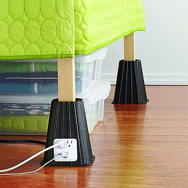 These bed risers with built-in electrical outlets optimize space in so many ways.