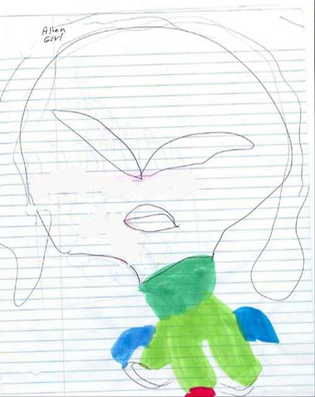 Some children describe the aliens as wearing colorful jumpsuits, as shown here.