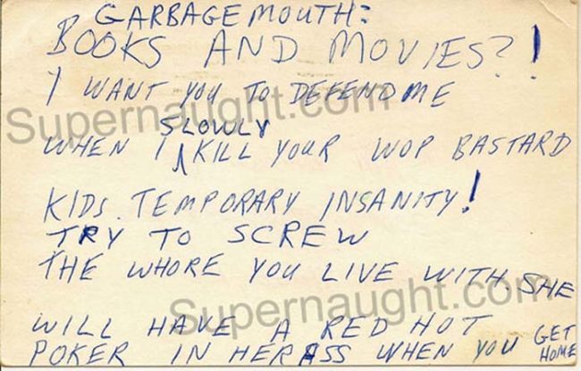 This 1980 postcard was sent by Gacy to his attorney, threatening him over perceived incompetence.
