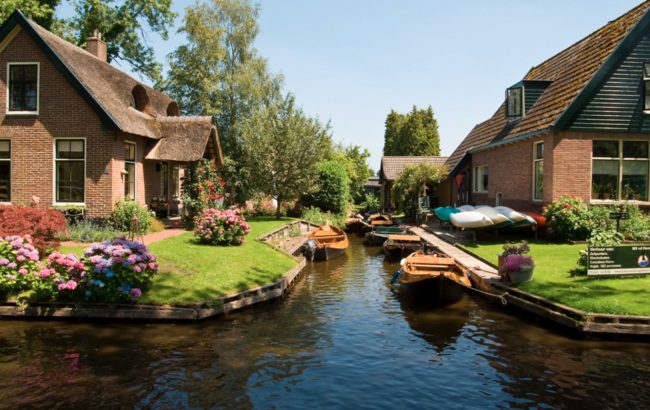 The Dutch village of Giethoorn has no roads. Its buildings are connected entirely by canals and footbridges.