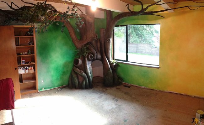 But he didn't stop at the tree! He began painting the walls...