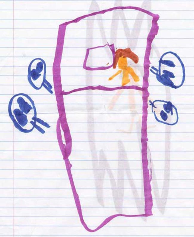One young boy drew this picture of him on a table surrounded by aliens.
