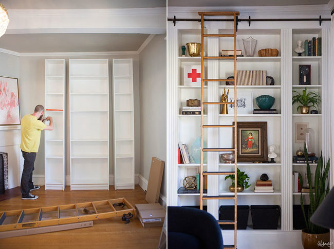 Add some crown molding to simple bookcases and slap on a ladder -- <a href="http://www.themakerista.com/2015/02/lauras-living-room-ikea-billy.html" target="_blank">what a difference</a>!