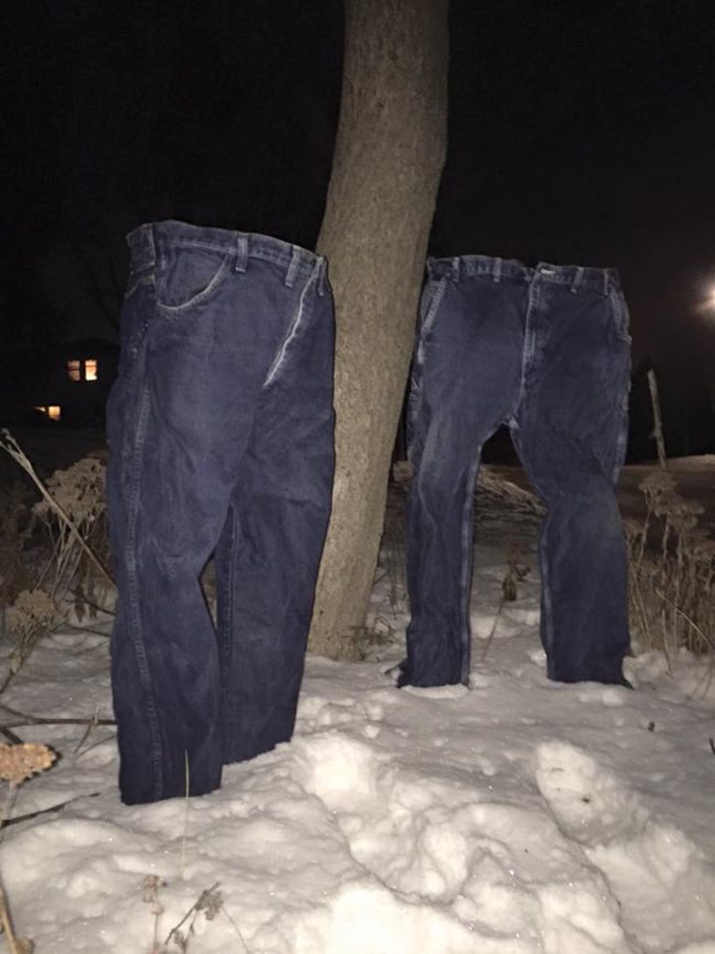 Tom's neighbor Diane understandably gets a little bummed out during the tundra months of a Minnesota winter. So to cheer her up (I think), he erected frozen jeans all over his yard.
