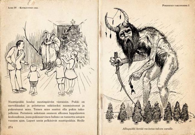 The page on the left describes Bock as having the ability to take Christmas away. On the other side is a picture of Bock gathering food for the winter.