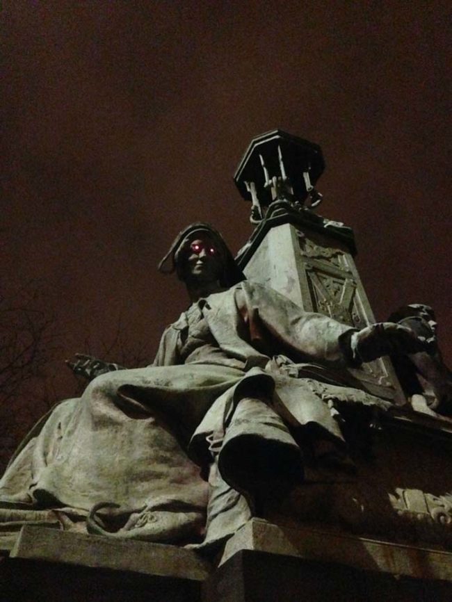 A prankster in Scotland attached LED lights to the eyes of some of the city's creepiest statues.