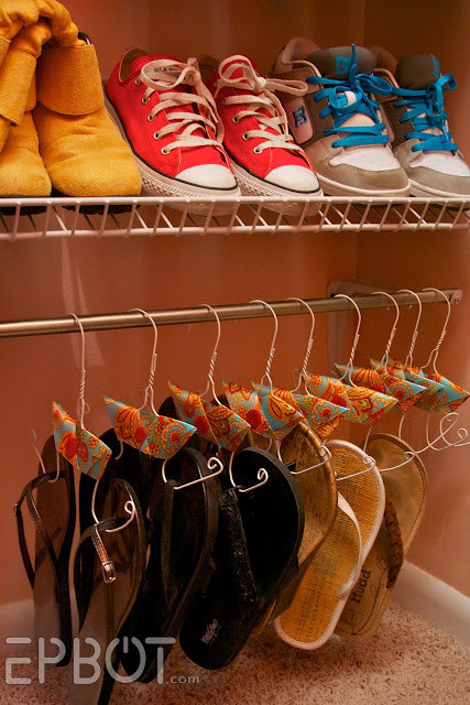 Get those flip flops out of the way during the cold months with bent hangers.