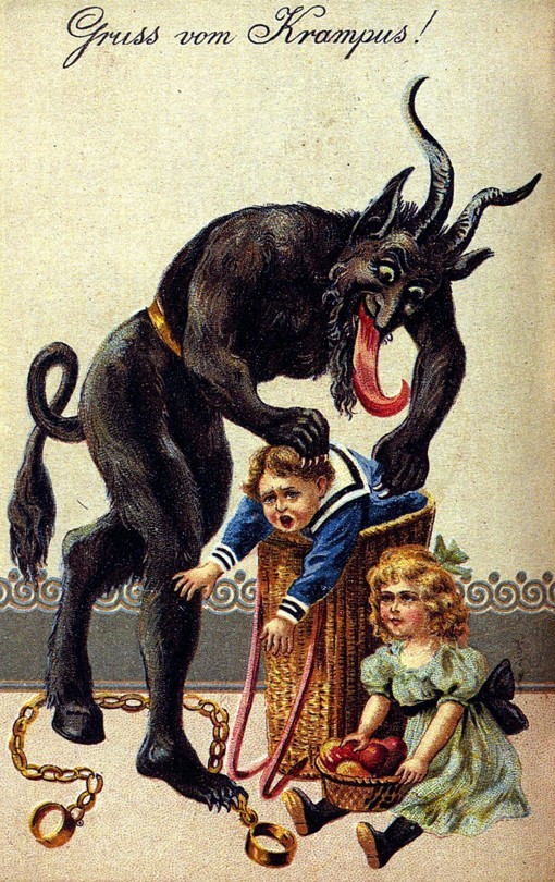 Krampus looks somewhat similar to the devil, since he has the horns and cloven hooves of a goat. He is also known to carry a switch to beat naughty children with, and a basket to carry them to Hell if need be.