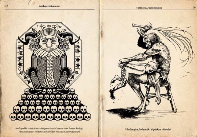 In these pages from an old book of folk stories, you can see that the original Christmas Bock had horns like the Devil, and he wasn't afraid to administer justice to naughty children.